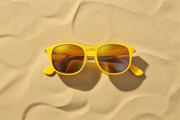 Yellow sunglasses on the sand. Generative AI.