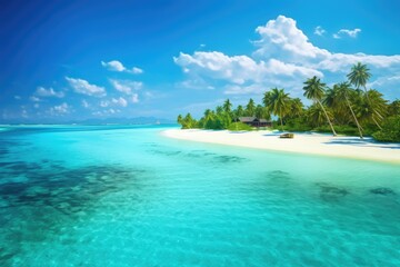 Beautiful beach with palm island. Generative AI.