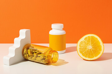 Vitamin C in a bottle in the form of tablets.