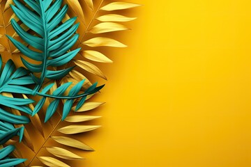Blue and yellow tropical leaves on yellow background. Generative AI.