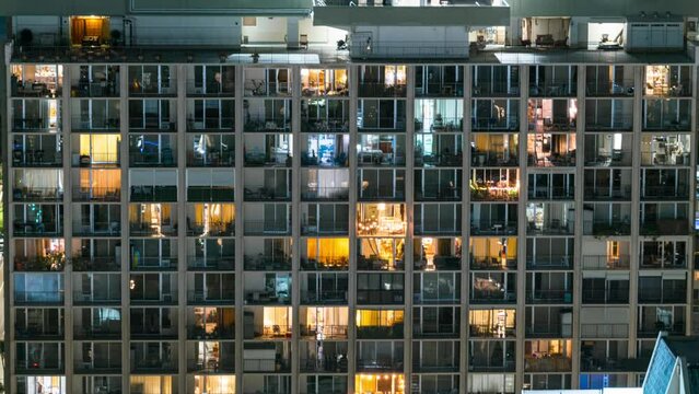 Timelapse of condominium windows at night in Waikiki in Oahu Island, Hawaii, USA
