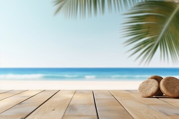 Fototapeta premium Free photo wooden table looking out to a beach. Generative AI.
