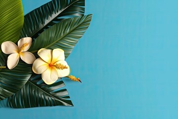 Stunning tropical palm leaf and flower against a vibrant blue backdrop. Generative AI.