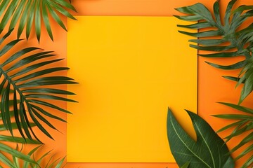Tropic leaves with yellow paper frame on orange background. Generative AI.