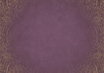 Purple textured paper with vignette of golden hand-drawn pattern and golden glittery splatter on a darker background color. Copy space. Digital artwork, A4. (pattern: p08-2b)
