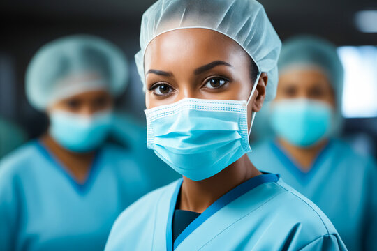 Woman wearing surgical mask and scrubs in row.