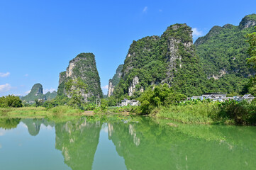 Fototapeta na wymiar Picturesque River and Karst Landscape of Mingshi Pastoral in Guangxi Region, Southern China