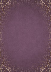 Purple textured paper with vignette of golden hand-drawn pattern and golden glittery splatter on a darker background color. Copy space. Digital artwork, A4. (pattern: p02-1d)