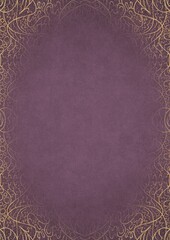 Purple textured paper with vignette of golden hand-drawn pattern and golden glittery splatter on a darker background color. Copy space. Digital artwork, A4. (pattern: p02-2d)