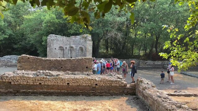 Butrint, Sarande District Albania Cinematic Roman Baptistery, Ancient Historical Site UNESCO World Heritage Centre in 4K. Remains of an ancient Town Buthrotum. Albania