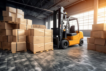 Forklift truck with cardboard boxes on concrete floor inside distribution warehouse in background of factory. Delivery and distribution business concept. - obrazy, fototapety, plakaty