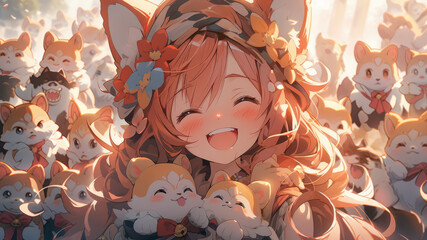 Obraz premium Beautiful young cat girl anime art style - Generative AI