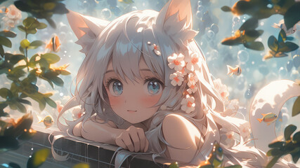 Beautiful young cat girl anime art style - Generative AI