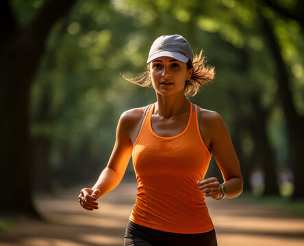 Smiling female runner in a park with fitness joy