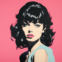 Duotone basic pop art 1980s' poster illustration of a girl with black hair against a pink background.