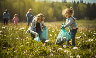 Children pick up trash in the park in honor of Earth Day - obrazy, fototapety, plakaty