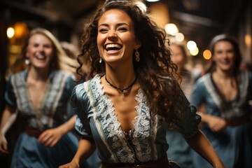 Fototapeta premium Group of people participating in a lively Irish step dance, Generative AI