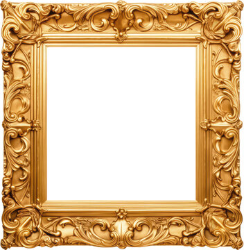 Antique square gold picture mirror frame isolated on transparent background, png