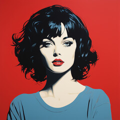 Duotone basic pop art 1980s' poster illustration of a girl with black hair against a red background.