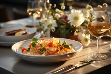 pasta with white wine on a served table in sunlight