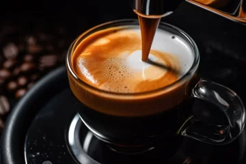 Foto auf Leinwand A cup of hot espresso coffee with smoke  on roasted coffee beans © pariketan