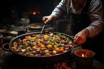 Traditional Irish stew being prepared in a rustic kitchen, Generative AI - obrazy, fototapety, plakaty