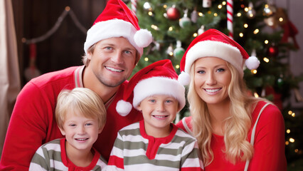 Fototapeta na wymiar Small family having happy time together on Christmas.