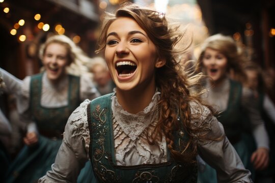 Traditional Irish Dancers Performing Lively Jigs In Festive Attire, Generative AI.