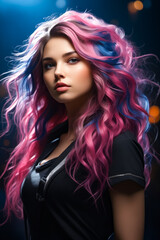 Woman with pink and blue hair is posing for picture.