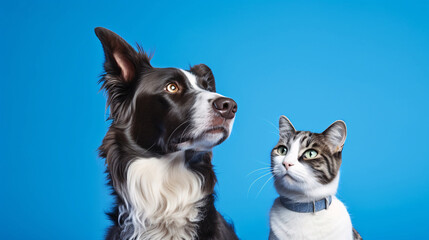 Paws and Whiskers  Tabby Cat and Border Collie Dog Against the Calm Blue Gradient Background