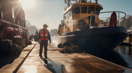 Person on the dock with boat on in the harbour