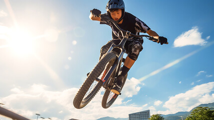 自転車と子供、BMXでジャンプする日本人の男の子 © tota