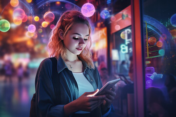 Beautiful young woman using phone on the street at night with colorful lights. - obrazy, fototapety, plakaty