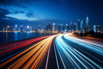 High speed urban traffic on a city highway during evening rush hour, car headlights and busy night transport captured by motion blur lighting effect and abstract long exposure photography - obrazy, fototapety, plakaty