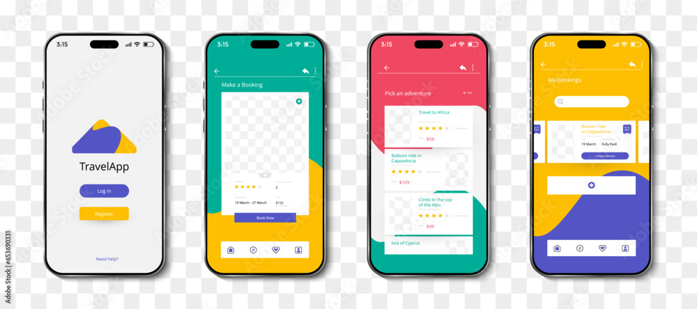 Leinwandbilder Travel app template interface on smartphone screen with shadow. Travel app ui kit for responsive mobile app