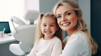 Fototapeta premium Smiling happy little kid child girl patient visits a female dentist doctor at a medical dental clinic. Health care treatment. Healthy teeth. No fear.