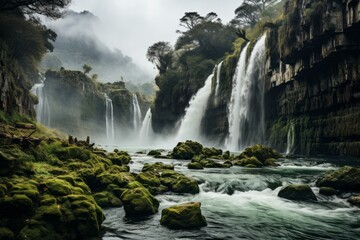 Majestic waterfall surrounded by pristine wilderness, Generative AI