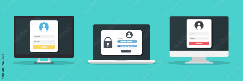 Poster Login frame on device screen in a flat design. Verification login message on device screen