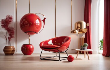 Red Metalic Armchair with Decoration and Window, Nobody Interior Modern Living Room, using Generative Ai