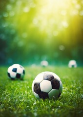 Fototapeta premium Black and white sport football ball put on green grass, football wallpaper. Generative Ai.
