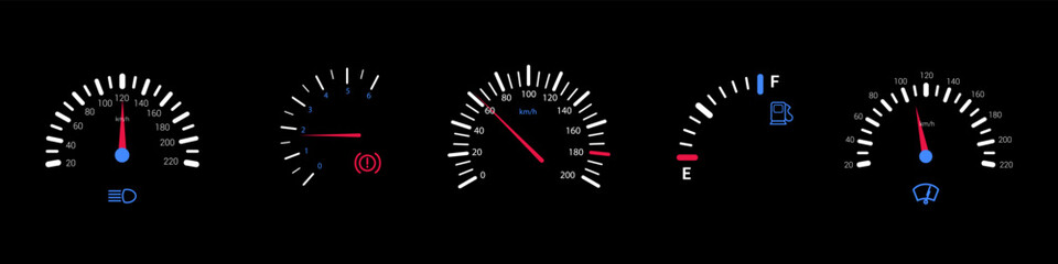 Measurement of car speed and engine revolutions. Set of vehicle indicator panel. Speedometer, fuel indicator, temperature meter