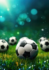 Fototapeta premium Black and white sport football ball put on green grass, football wallpaper. Generative Ai.