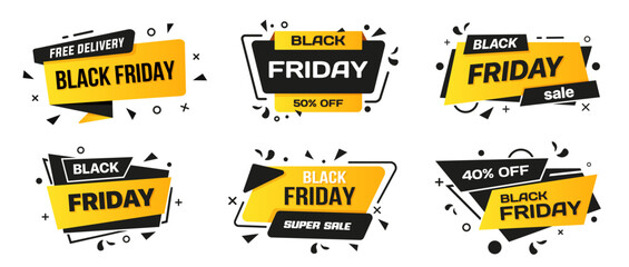 Black friday banner label collection in black and orange. Black friday tag for promotion. Black friday super sale banners