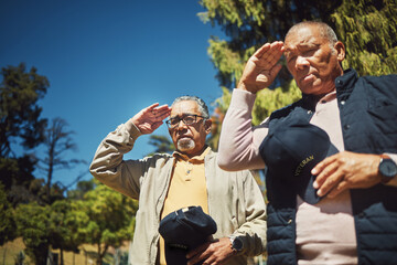 Salute, war veteran and men at cemetery to pay respect to fallen soldier outdoor at memorial...