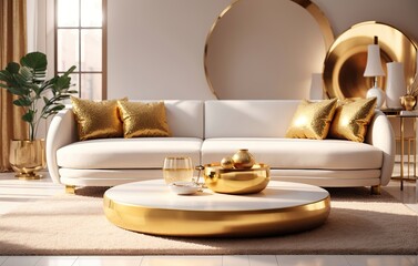Round Golden Table near White Sofa inside Luxury Modern Living Room, using Generative Ai