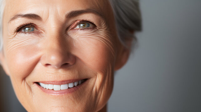 A close-up view showcasing the radiant inner beauty and confidence of a senior model woman, face skin care beauty