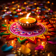 Obraz na płótnie Canvas Diya placed in middle of colorful rangoli happy Diwali background - ai generative