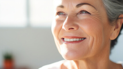 A close-up shot highlighting the inner beauty and confidence of a mature senior lady, face skin care beauty
