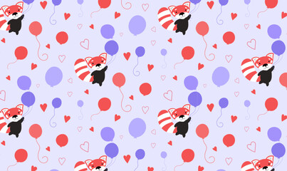 seamless background with balloons and red pandas. cute flat vector seamless pattern with pandas and ballons for children. cartoon funny style birthday pattern in purple violet lavender and red colors
