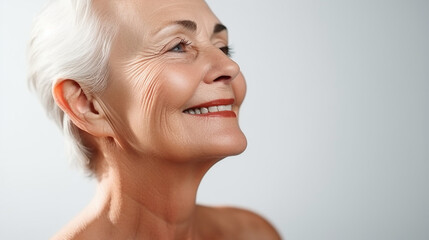A close-up portrait showcasing the grace of a mature old lady, face skin care beauty